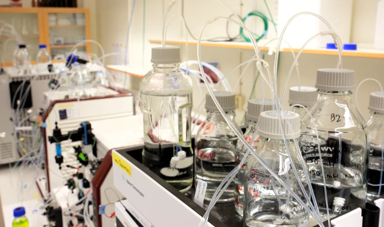 Laboratory with several bottles and cords. Photo.